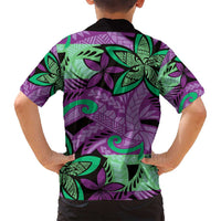 Plumeria Polynesian Pattern Family Matching Off Shoulder Maxi Dress and Hawaiian Shirt Unique Fantasy Purple Green