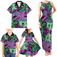 Plumeria Polynesian Pattern Family Matching Tank Maxi Dress and Hawaiian Shirt Unique Fantasy Purple Green