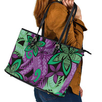 Plumeria Polynesian Pattern Leather Tote Bag Unique Fantasy Purple Green