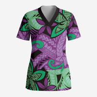 Plumeria Polynesian Pattern Scrub Top Unique Fantasy Purple Green - Polynesian Pride