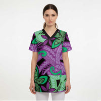 Plumeria Polynesian Pattern Scrub Top Unique Fantasy Purple Green - Polynesian Pride