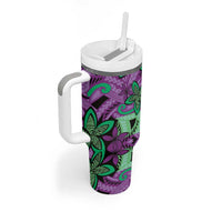 Plumeria Polynesian Pattern Tumbler With Handle Unique Fantasy Purple Green