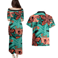 Plumeria Polynesian Pattern Couples Matching Puletasi and Hawaiian Shirt Unique Fantasy Teal Orange