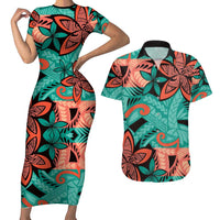 Plumeria Polynesian Pattern Couples Matching Short Sleeve Bodycon Dress and Hawaiian Shirt Unique Fantasy Teal Orange