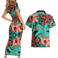Plumeria Polynesian Pattern Couples Matching Short Sleeve Bodycon Dress and Hawaiian Shirt Unique Fantasy Teal Orange