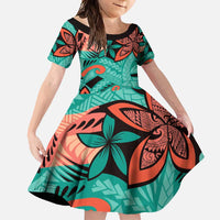 Plumeria Polynesian Pattern Family Matching Long Sleeve Bodycon Dress and Hawaiian Shirt Unique Fantasy Teal Orange