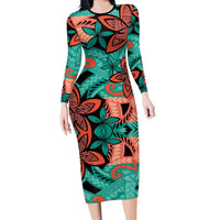 Plumeria Polynesian Pattern Family Matching Long Sleeve Bodycon Dress and Hawaiian Shirt Unique Fantasy Teal Orange