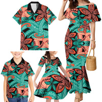 Plumeria Polynesian Pattern Family Matching Mermaid Dress and Hawaiian Shirt Unique Fantasy Teal Orange