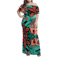 Plumeria Polynesian Pattern Family Matching Off Shoulder Maxi Dress and Hawaiian Shirt Unique Fantasy Teal Orange