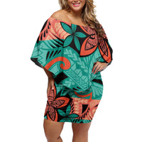 Plumeria Polynesian Pattern Family Matching Off Shoulder Short Dress and Hawaiian Shirt Unique Fantasy Teal Orange