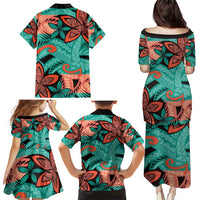 Plumeria Polynesian Pattern Family Matching Puletasi and Hawaiian Shirt Unique Fantasy Teal Orange