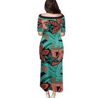 Plumeria Polynesian Pattern Family Matching Puletasi and Hawaiian Shirt Unique Fantasy Teal Orange