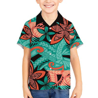 Plumeria Polynesian Pattern Family Matching Short Sleeve Bodycon Dress and Hawaiian Shirt Unique Fantasy Teal Orange