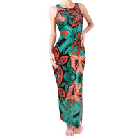 Plumeria Polynesian Pattern Family Matching Tank Maxi Dress and Hawaiian Shirt Unique Fantasy Teal Orange