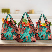 Plumeria Polynesian Pattern Grocery Bag Unique Fantasy Teal Orange LT01 3-pack One Size Teal - Polynesian Pride
