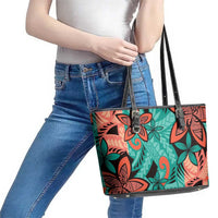 Plumeria Polynesian Pattern Leather Tote Bag Unique Fantasy Teal Orange