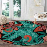 Plumeria Polynesian Pattern Round Carpet Unique Fantasy Teal Orange