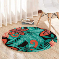 Plumeria Polynesian Pattern Round Carpet Unique Fantasy Teal Orange