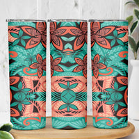 Plumeria Polynesian Pattern Skinny Tumbler Unique Fantasy Teal Orange