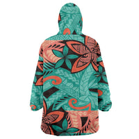 Plumeria Polynesian Pattern Wearable Blanket Hoodie Unique Fantasy Teal Orange