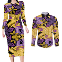 Plumeria Polynesian Pattern Couples Matching Long Sleeve Bodycon Dress and Long Sleeve Button Shirt Unique Fantasy Yellow Purple