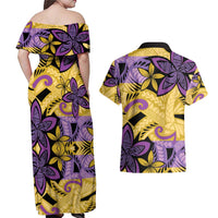 Plumeria Polynesian Pattern Couples Matching Off Shoulder Maxi Dress and Hawaiian Shirt Unique Fantasy Yellow Purple