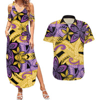 Plumeria Polynesian Pattern Couples Matching Summer Maxi Dress and Hawaiian Shirt Unique Fantasy Yellow Purple