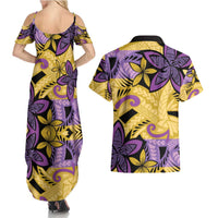Plumeria Polynesian Pattern Couples Matching Summer Maxi Dress and Hawaiian Shirt Unique Fantasy Yellow Purple