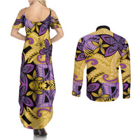 Plumeria Polynesian Pattern Couples Matching Summer Maxi Dress and Long Sleeve Button Shirt Unique Fantasy Yellow Purple