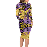 Plumeria Polynesian Pattern Family Matching Long Sleeve Bodycon Dress and Hawaiian Shirt Unique Fantasy Yellow Purple