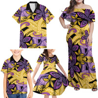 Plumeria Polynesian Pattern Family Matching Off Shoulder Maxi Dress and Hawaiian Shirt Unique Fantasy Yellow Purple