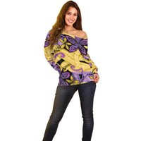 Plumeria Polynesian Pattern Off Shoulder Sweater Unique Fantasy Yellow Purple