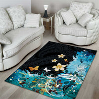 Blue Grunge Polynesian Pattern Area Rug Plumeria Floral