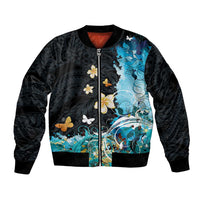 Blue Grunge Polynesian Pattern Bomber Jacket Plumeria Floral