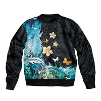 Blue Grunge Polynesian Pattern Bomber Jacket Plumeria Floral