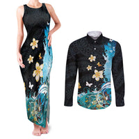 Blue Grunge Polynesian Pattern Couples Matching Tank Maxi Dress and Long Sleeve Button Shirt Plumeria Floral