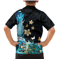 Blue Grunge Polynesian Pattern Family Matching Mermaid Dress and Hawaiian Shirt Plumeria Floral