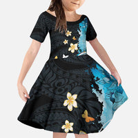 Blue Grunge Polynesian Pattern Family Matching Mermaid Dress and Hawaiian Shirt Plumeria Floral
