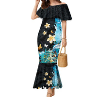 Blue Grunge Polynesian Pattern Family Matching Mermaid Dress and Hawaiian Shirt Plumeria Floral