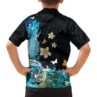 Blue Grunge Polynesian Pattern Family Matching Off The Shoulder Long Sleeve Dress and Hawaiian Shirt Plumeria Floral