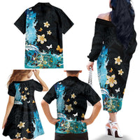 Blue Grunge Polynesian Pattern Family Matching Off The Shoulder Long Sleeve Dress and Hawaiian Shirt Plumeria Floral