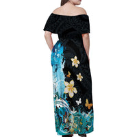 Blue Grunge Polynesian Pattern Family Matching Off Shoulder Maxi Dress and Hawaiian Shirt Plumeria Floral