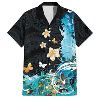 Blue Grunge Polynesian Pattern Family Matching Off Shoulder Short Dress and Hawaiian Shirt Plumeria Floral