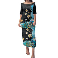 Blue Grunge Polynesian Pattern Family Matching Puletasi and Hawaiian Shirt Plumeria Floral