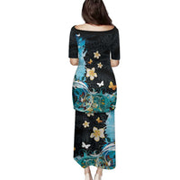 Blue Grunge Polynesian Pattern Family Matching Puletasi and Hawaiian Shirt Plumeria Floral