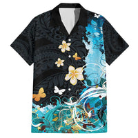 Blue Grunge Polynesian Pattern Hawaiian Shirt Plumeria Floral