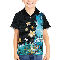 Blue Grunge Polynesian Pattern Kid Hawaiian Shirt Plumeria Floral LT01 Kid Blue - Polynesian Pride