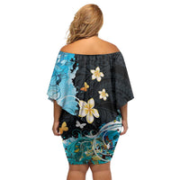 Blue Grunge Polynesian Pattern Off Shoulder Short Dress Plumeria Floral