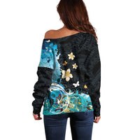 Blue Grunge Polynesian Pattern Off Shoulder Sweater Plumeria Floral