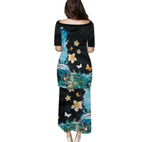 Blue Grunge Polynesian Pattern Puletasi Plumeria Floral